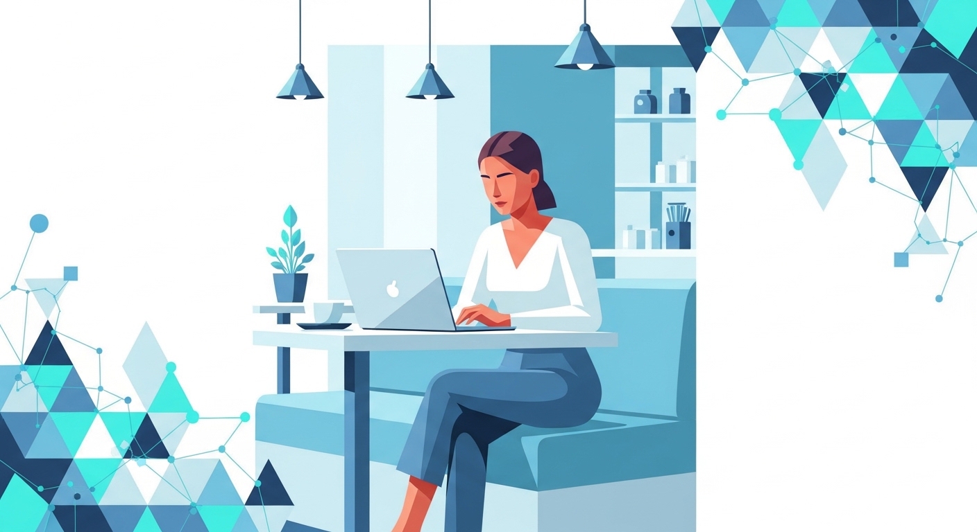 An ISFJ personality type woman working on a laptop at an aesthetic cafe with warm pendant lights and a coffee cup