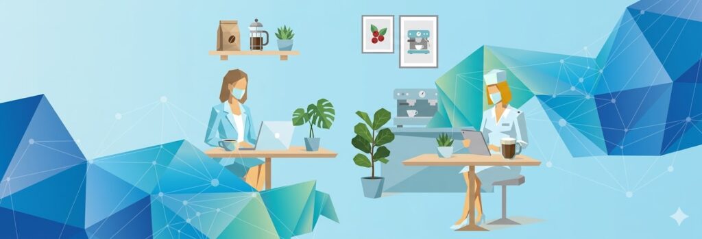 Isometric flat vector illustration of an aesthetic modern cafe. A woman in a suit and a nurse are working on a laptop and tablet at separate tables, set against a geometric blue and teal low-poly background.